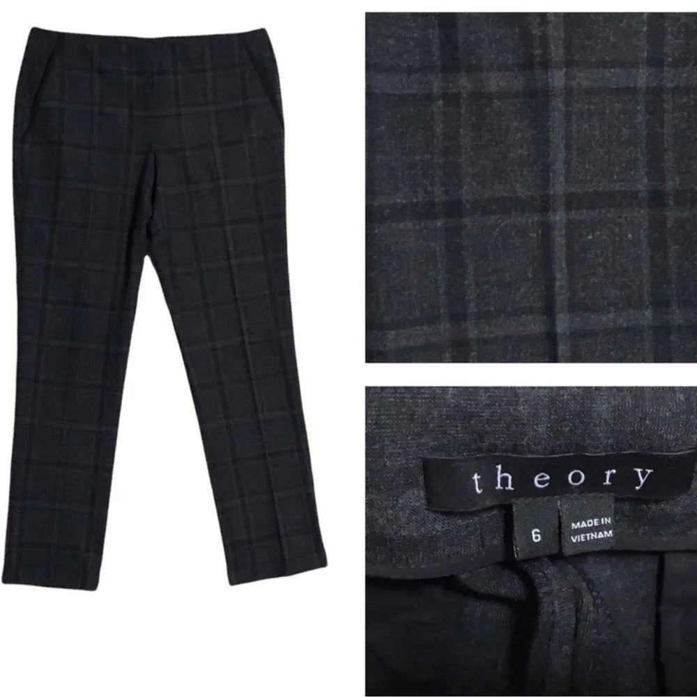 Theory Indra C Grey Plaid Cuff Ankle Slim Straight Leg Wool Blend Pant 6